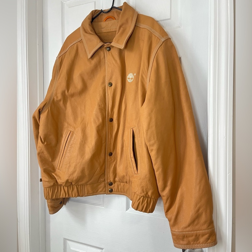 Timberland Tan Leather Vintage Logo Bomber Jacket XXL - Picture 11 of 11